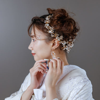 小枝ヘッドドレス | ビジュー　パール | お花モチーフ | ゴールド | (BC-H48)【結婚式　アクセサリー　ヘッドドレス　ヘアアクセサリー】