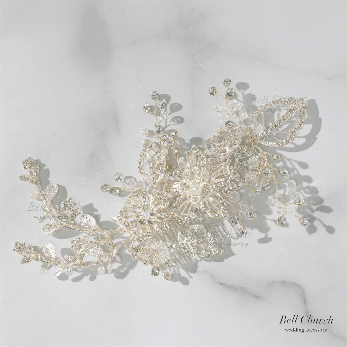 ヘアコーム | 小枝アクセサリー | ジルコニア | お花モチーフ | シルバー | (BC-H49)【結婚式　アクセサリー　ヘッドドレス　ヘアアクセサリー】