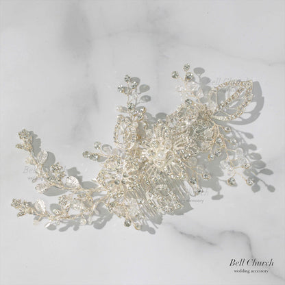 ヘアコーム | 小枝アクセサリー | ジルコニア | お花モチーフ | シルバー | (BC-H49)【結婚式　アクセサリー　ヘッドドレス　ヘアアクセサリー】