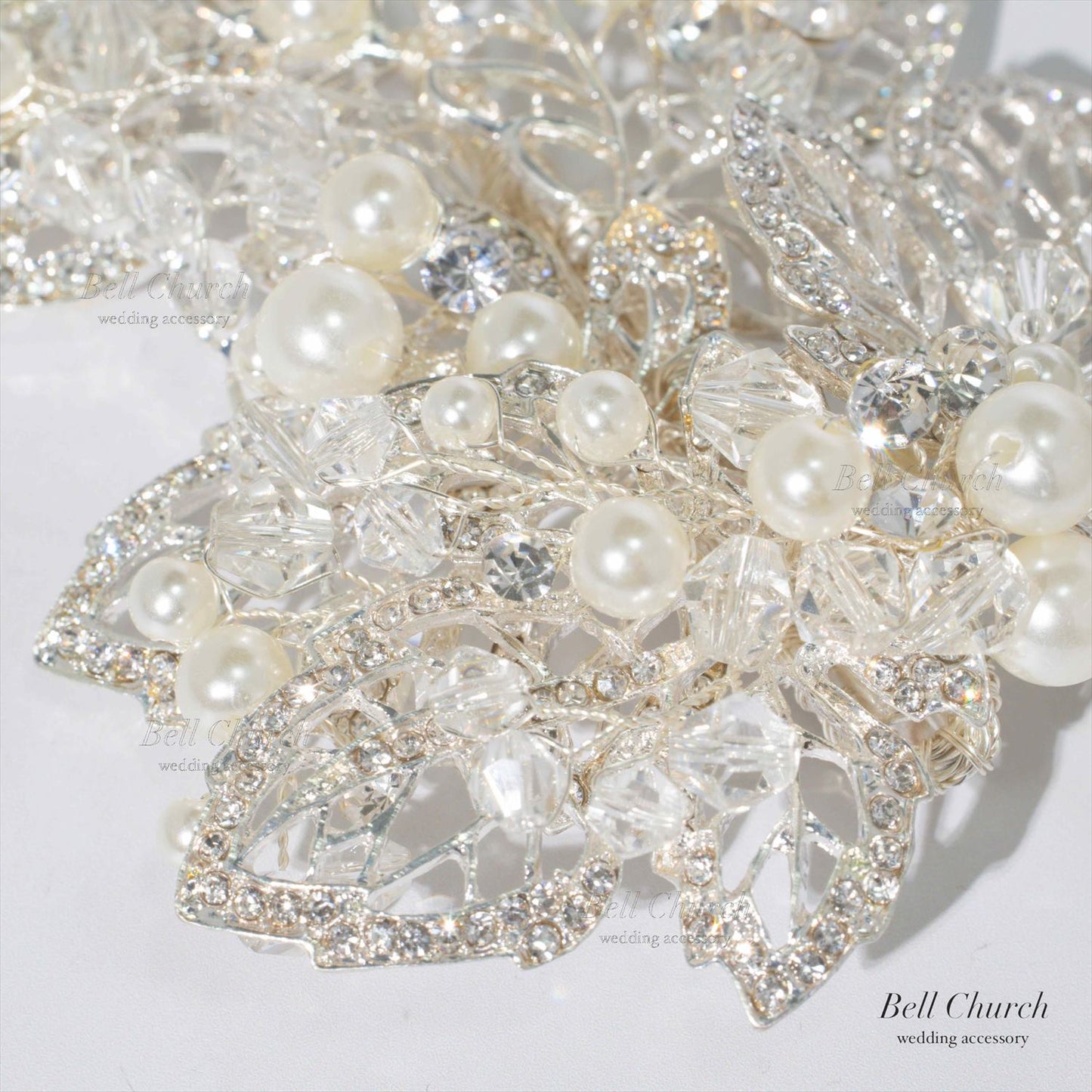 小枝ヘッドドレス | パール　ジルコニア | リーフモチーフ | シルバー | (BC-H52)【結婚式　アクセサリー　ヘッドドレス　ヘアアクセサリー】