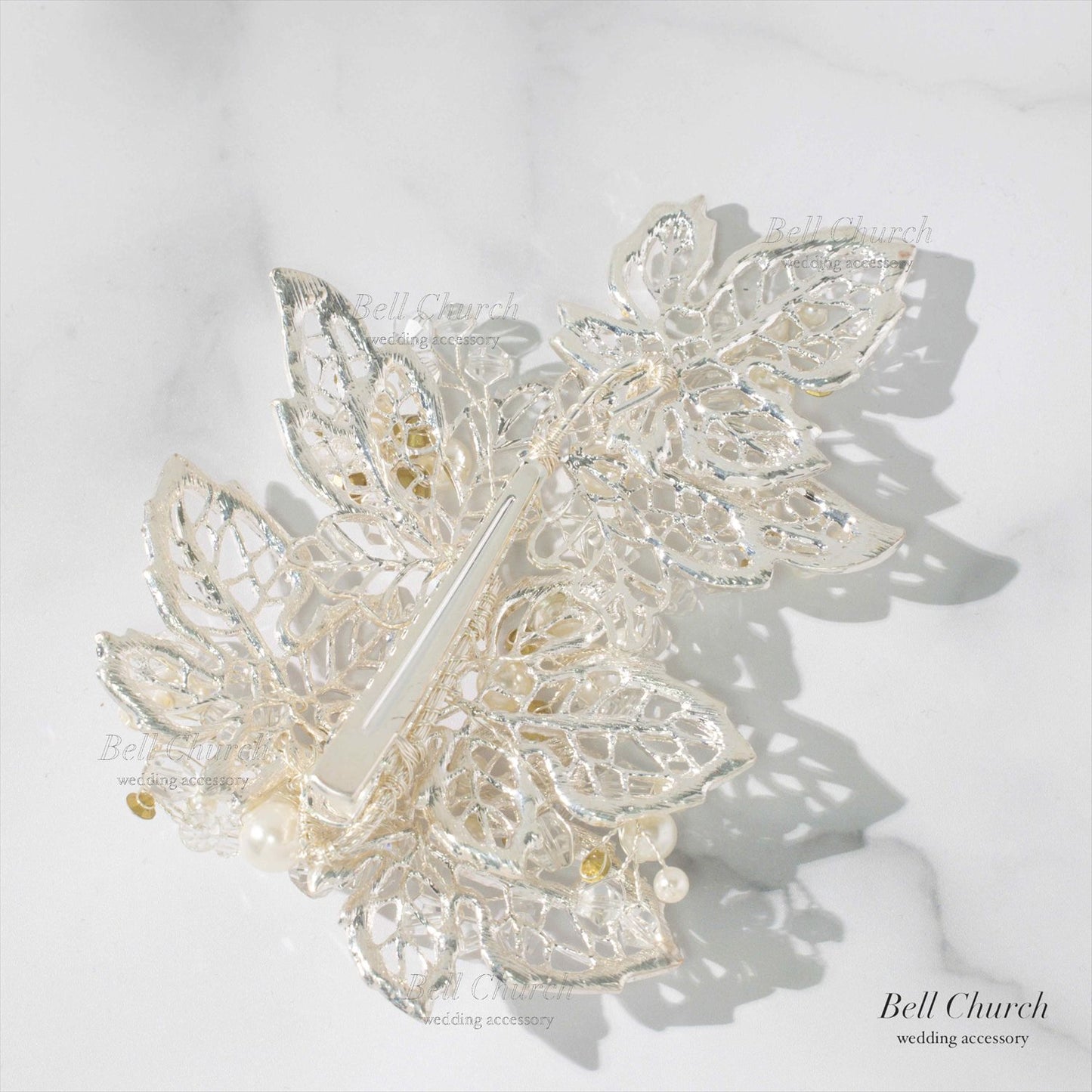 小枝ヘッドドレス | パール　ジルコニア | リーフモチーフ | シルバー | (BC-H52)【結婚式　アクセサリー　ヘッドドレス　ヘアアクセサリー】