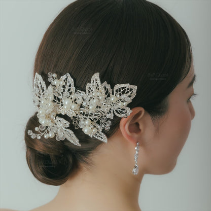 小枝ヘッドドレス | パール　ジルコニア | リーフモチーフ | シルバー | (BC-H52)【結婚式　アクセサリー　ヘッドドレス　ヘアアクセサリー】