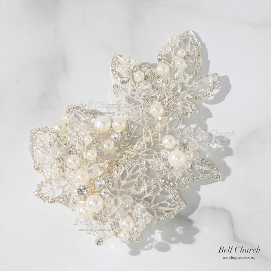 小枝ヘッドドレス | パール　ジルコニア | リーフモチーフ | シルバー | (BC-H52)【結婚式　アクセサリー　ヘッドドレス　ヘアアクセサリー】