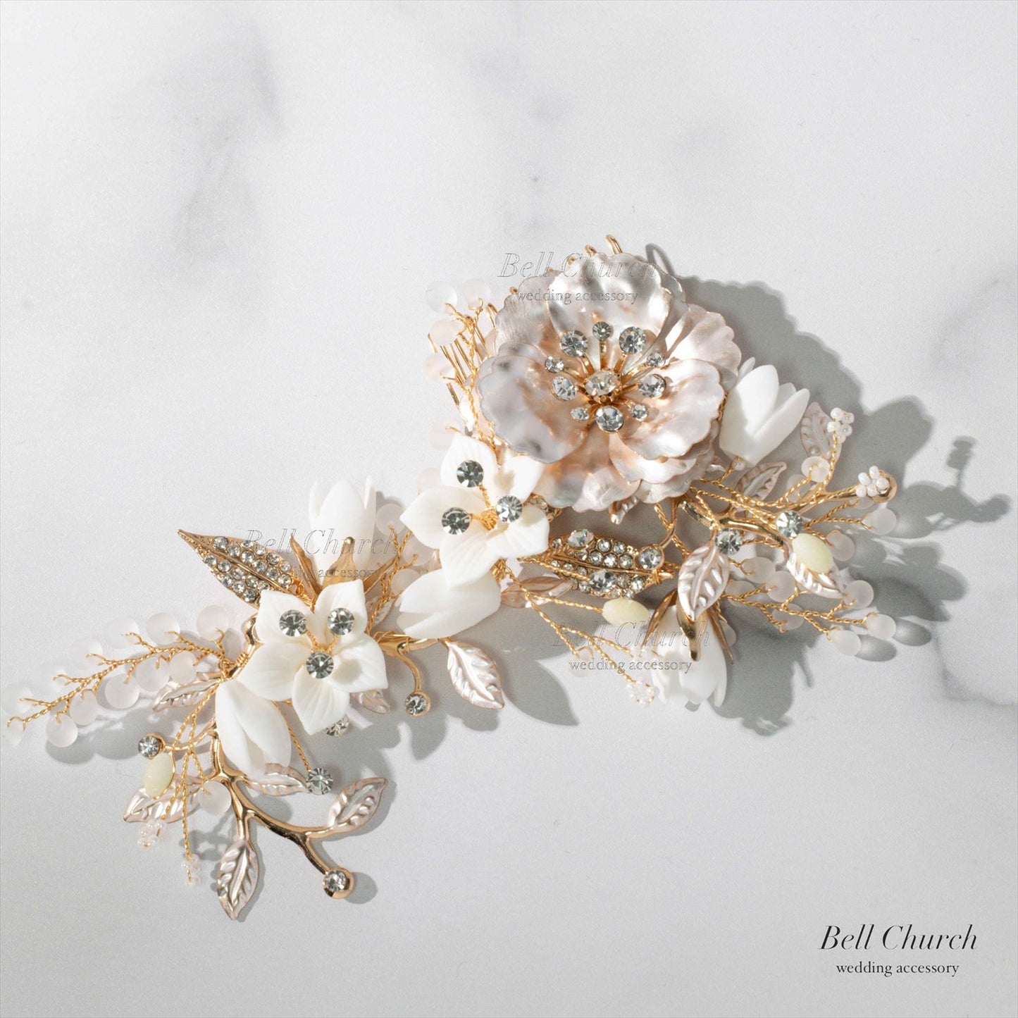 ヘアコーム　3点セット | 小枝アクセサリー | お花モチーフ | シャンパンゴールド×ホワイト | (BC-H53)【結婚式　アクセサリー　ヘッドドレス　ヘアアクセサリー】