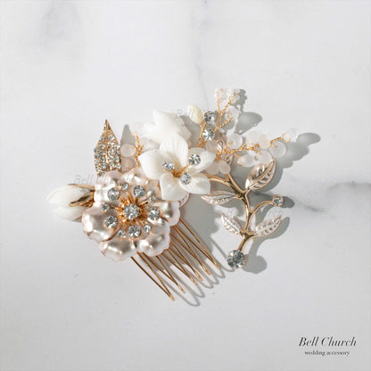 ヘアコーム　3点セット | 小枝アクセサリー | お花モチーフ | シャンパンゴールド×ホワイト | (BC-H53)【結婚式　アクセサリー　ヘッドドレス　ヘアアクセサリー】