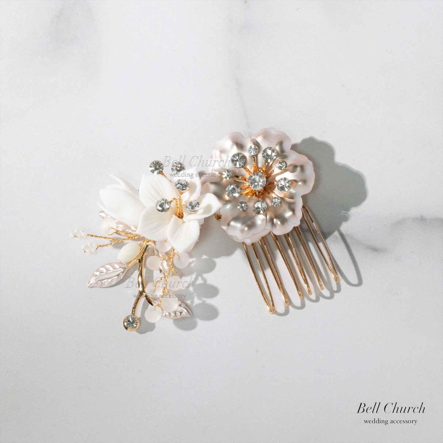 ヘアコーム　3点セット | 小枝アクセサリー | お花モチーフ | シャンパンゴールド×ホワイト | (BC-H53)【結婚式　アクセサリー　ヘッドドレス　ヘアアクセサリー】