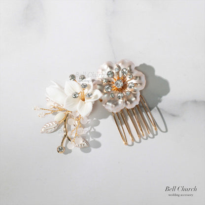 ヘアコーム　3点セット | 小枝アクセサリー | お花モチーフ | シャンパンゴールド×ホワイト | (BC-H53)【結婚式　アクセサリー　ヘッドドレス　ヘアアクセサリー】