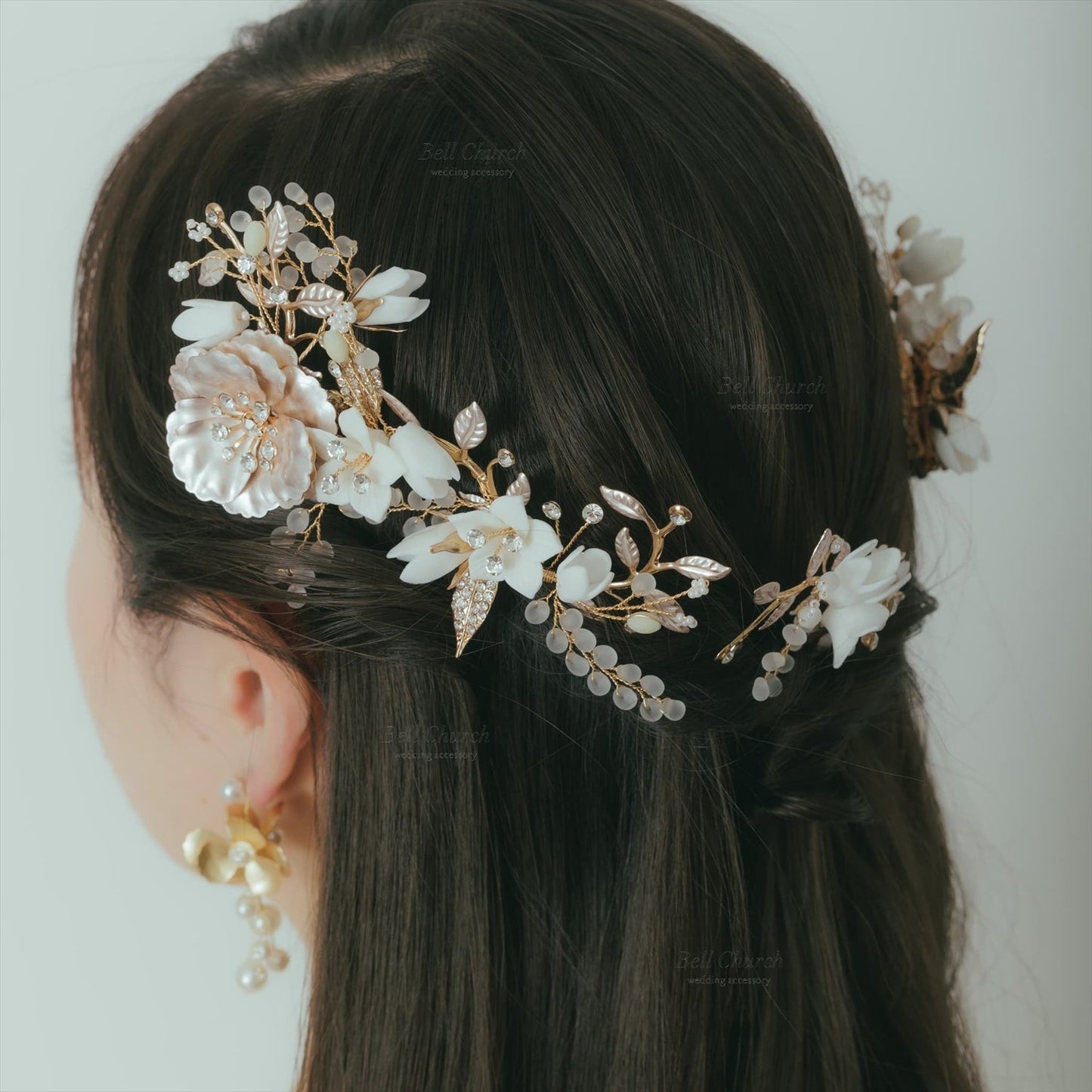 ヘアコーム　3点セット | 小枝アクセサリー | お花モチーフ | シャンパンゴールド×ホワイト | (BC-H53)【結婚式　アクセサリー　ヘッドドレス　ヘアアクセサリー】