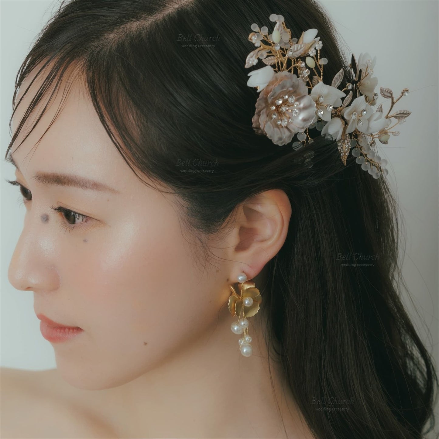 ヘアコーム　3点セット | 小枝アクセサリー | お花モチーフ | シャンパンゴールド×ホワイト | (BC-H53)【結婚式　アクセサリー　ヘッドドレス　ヘアアクセサリー】