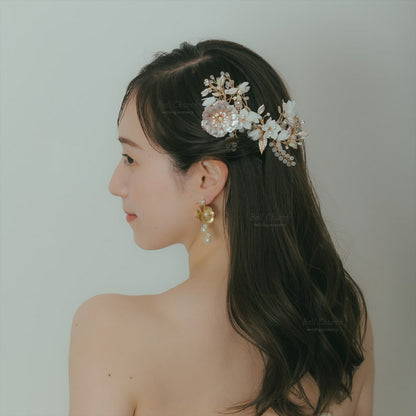 ヘアコーム　3点セット | 小枝アクセサリー | お花モチーフ | シャンパンゴールド×ホワイト | (BC-H53)【結婚式　アクセサリー　ヘッドドレス　ヘアアクセサリー】