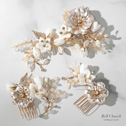 ヘアコーム　3点セット | 小枝アクセサリー | お花モチーフ | シャンパンゴールド×ホワイト | (BC-H53)【結婚式　アクセサリー　ヘッドドレス　ヘアアクセサリー】