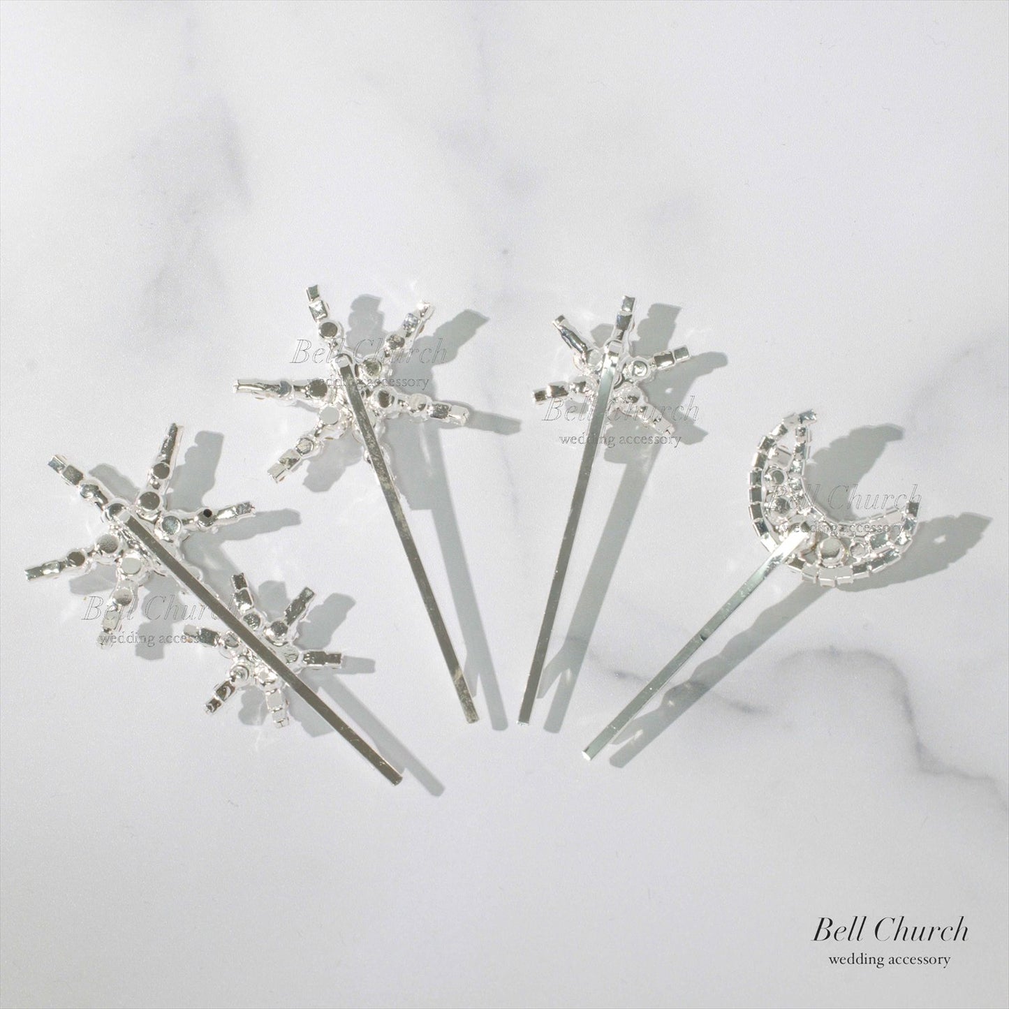ヘッドピース　4本セット | ビジュー | 星&月モチーフ | シルバー | (BC-H54)【結婚式　アクセサリー　ヘッドドレス　ヘアアクセサリー】