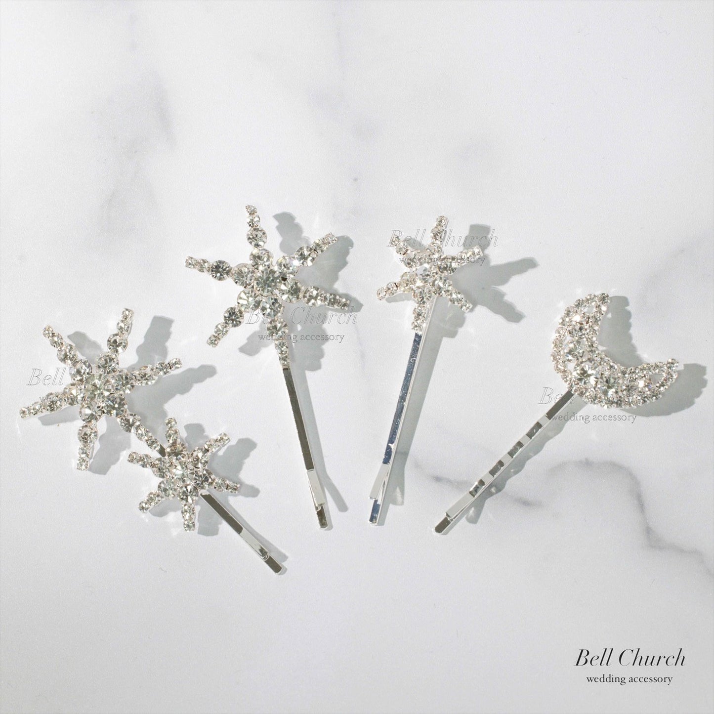 ヘッドピース　4本セット | ビジュー | 星&月モチーフ | シルバー | (BC-H54)【結婚式　アクセサリー　ヘッドドレス　ヘアアクセサリー】