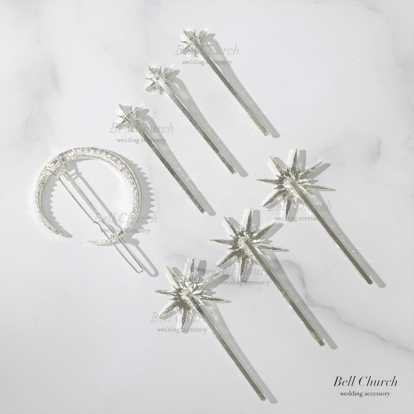 ヘッドピース　7点セット | ジルコニア | 星&月モチーフ | シルバー | (BC-H57)【結婚式　アクセサリー　ヘッドドレス　ヘアアクセサリー】