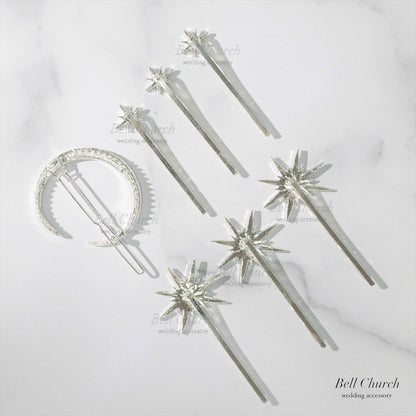 ヘッドピース　7点セット | ジルコニア | 星&月モチーフ | シルバー | (BC-H57)【結婚式　アクセサリー　ヘッドドレス　ヘアアクセサリー】