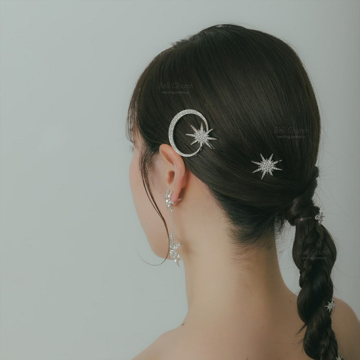 ヘッドピース　7点セット | ジルコニア | 星&月モチーフ | シルバー | (BC-H57)【結婚式　アクセサリー　ヘッドドレス　ヘアアクセサリー】