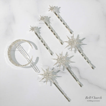 ヘッドピース　7点セット | ジルコニア | 星&月モチーフ | シルバー | (BC-H57)【結婚式　アクセサリー　ヘッドドレス　ヘアアクセサリー】