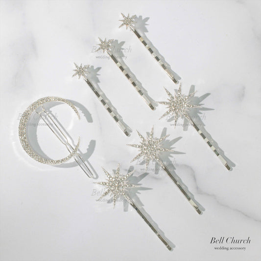 ヘッドピース　7点セット | ジルコニア | 星&月モチーフ | シルバー | (BC-H57)【結婚式　アクセサリー　ヘッドドレス　ヘアアクセサリー】