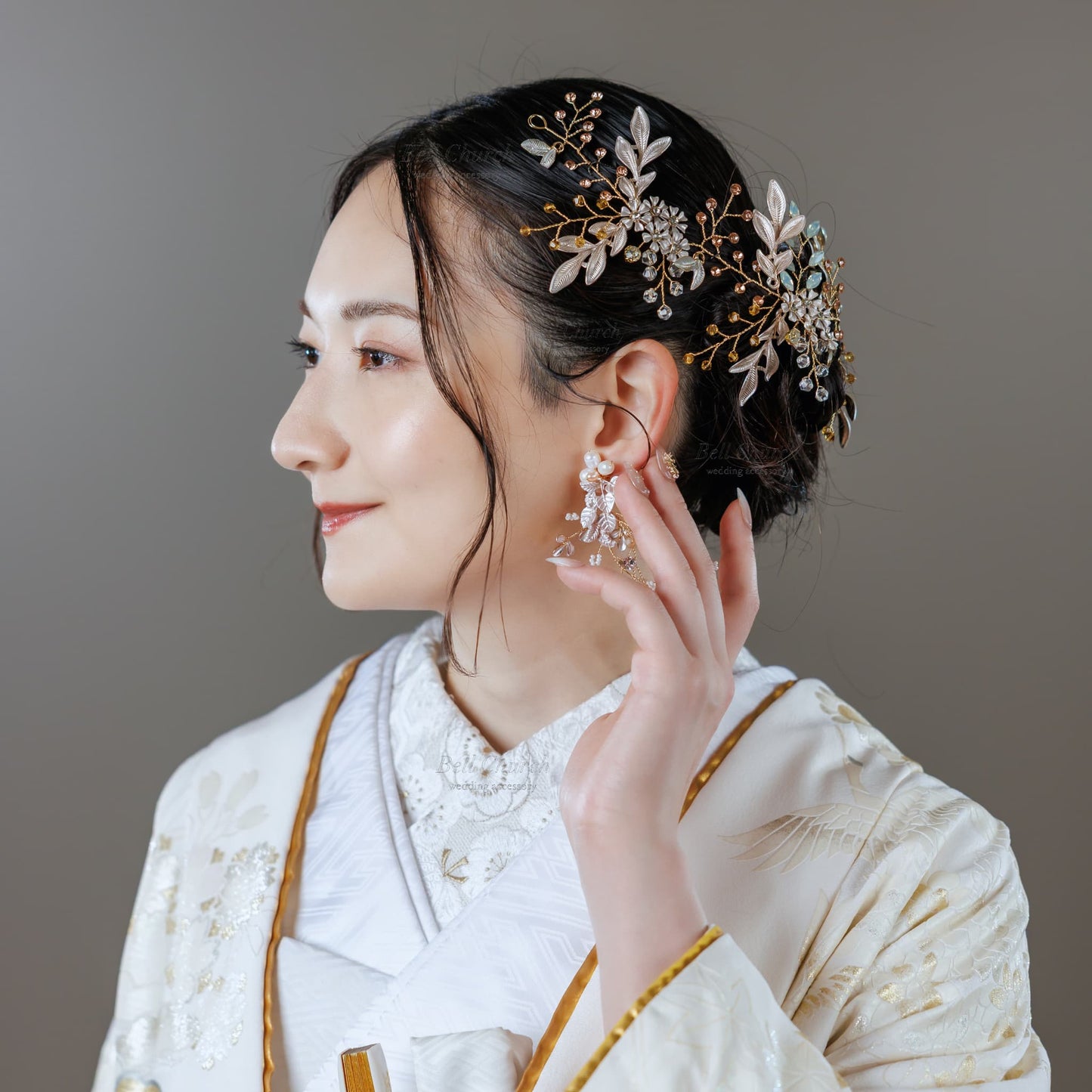 小枝ヘアアクセサリー | ジルコニア | お花モチーフ | ゴールド | (BC-H60)【結婚式　アクセサリー　ヘッドドレス　ヘアアクセサリー】