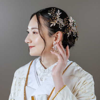 小枝ヘアアクセサリー | ジルコニア | お花モチーフ | ゴールド | (BC-H60)【結婚式　アクセサリー　ヘッドドレス　ヘアアクセサリー】