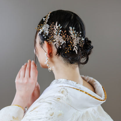 小枝ヘアアクセサリー | ジルコニア | お花モチーフ | ゴールド | (BC-H60)【結婚式　アクセサリー　ヘッドドレス　ヘアアクセサリー】