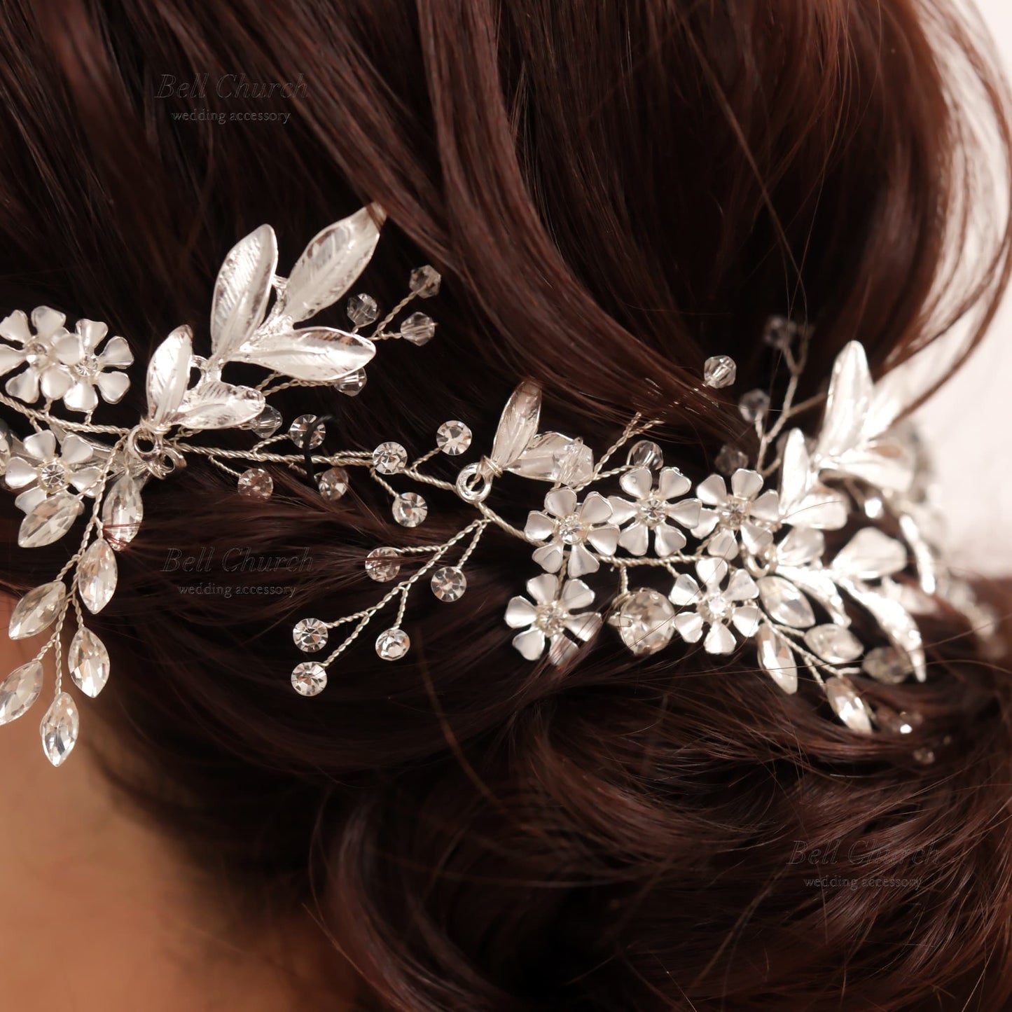 小枝ヘアアクセサリー | ジルコニア | お花モチーフ | シルバー | (BC-H61)【結婚式　アクセサリー　ヘッドドレス　ヘアアクセサリー】