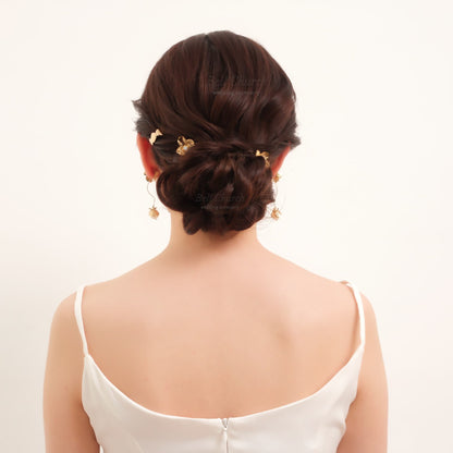 ヘアカフ 3点セット ヘアポニー ポニーフック お花 フラワー ペタル メタル ストーン ミニカフ｜ゴールド (BC-H62)【結婚式　アクセサリー　ヘアアクセサリー　ヘアカフ】