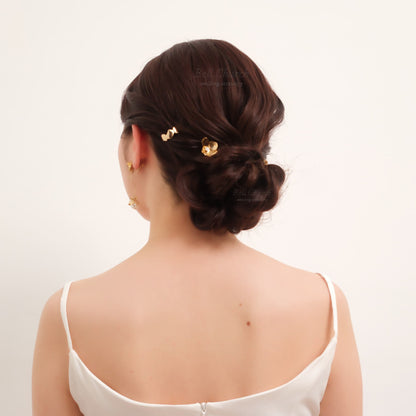 ヘアカフ 3点セット ヘアポニー ポニーフック お花 フラワー ペタル メタル ストーン ミニカフ｜ゴールド (BC-H62)【結婚式　アクセサリー　ヘアアクセサリー　ヘアカフ】