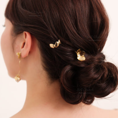ヘアカフ 3点セット ヘアポニー ポニーフック お花 フラワー ペタル メタル ストーン ミニカフ｜ゴールド (BC-H62)【結婚式　アクセサリー　ヘアアクセサリー　ヘアカフ】