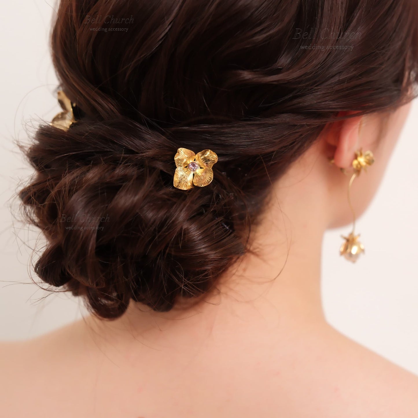 ヘアカフ 3点セット ヘアポニー ポニーフック お花 フラワー ペタル メタル ストーン ミニカフ｜ゴールド (BC-H62)【結婚式　アクセサリー　ヘアアクセサリー　ヘアカフ】