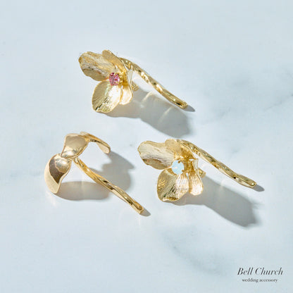 ヘアカフ 3点セット ヘアポニー ポニーフック お花 フラワー ペタル メタル ストーン ミニカフ｜ゴールド (BC-H62)【結婚式　アクセサリー　ヘアアクセサリー　ヘアカフ】