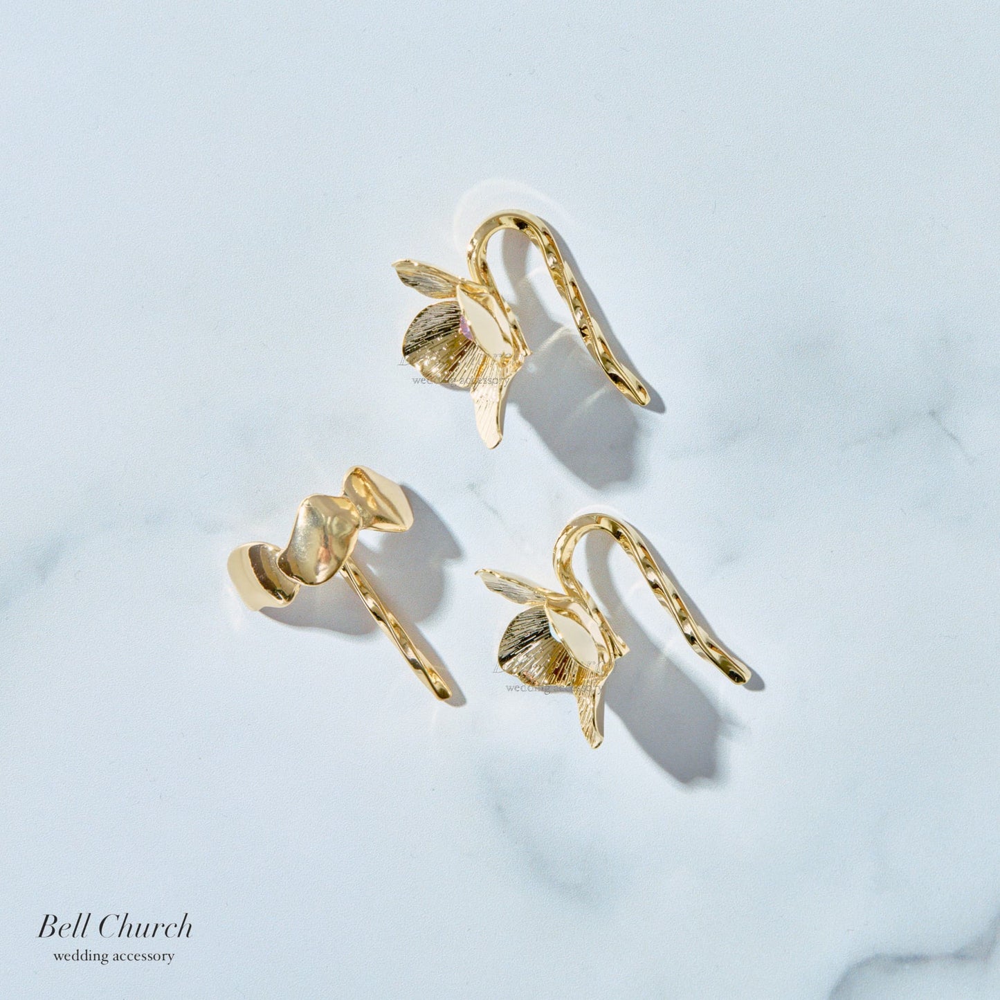 ヘアカフ 3点セット ヘアポニー ポニーフック お花 フラワー ペタル メタル ストーン ミニカフ｜ゴールド (BC-H62)【結婚式　アクセサリー　ヘアアクセサリー　ヘアカフ】