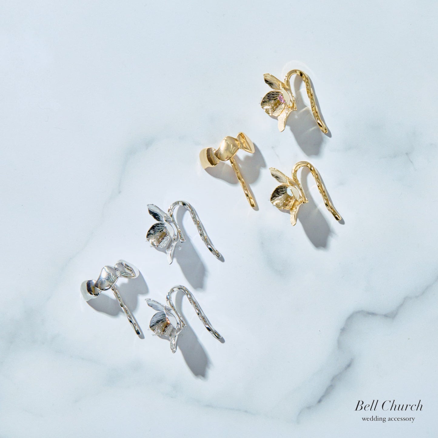 ヘアカフ 3点セット ヘアポニー ポニーフック お花 フラワー ペタル メタル ストーン ミニカフ｜ゴールド (BC-H62)【結婚式　アクセサリー　ヘアアクセサリー　ヘアカフ】