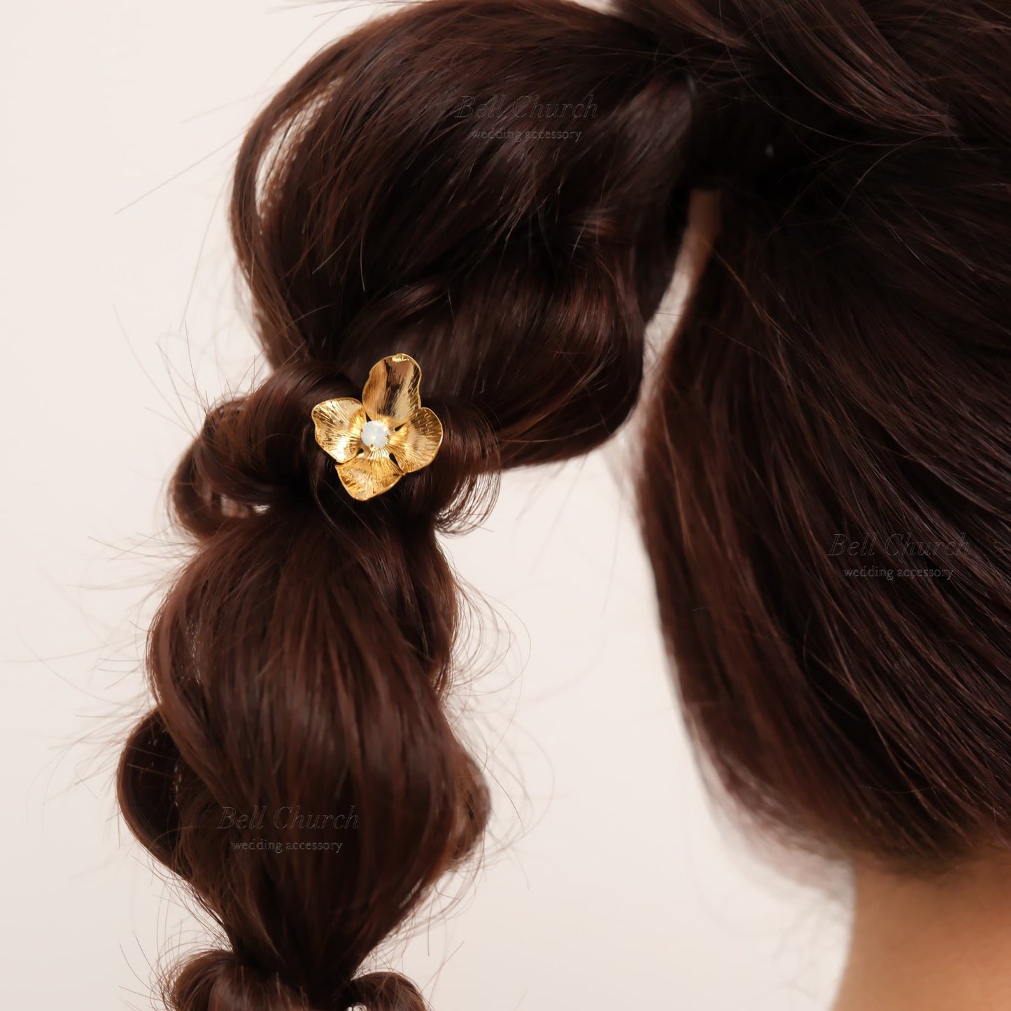 ヘアカフ 3点セット ヘアポニー ポニーフック お花 フラワー ペタル メタル ストーン ミニカフ｜ゴールド (BC-H62)【結婚式　アクセサリー　ヘアアクセサリー　ヘアカフ】