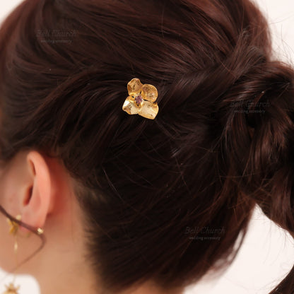 ヘアカフ 3点セット ヘアポニー ポニーフック お花 フラワー ペタル メタル ストーン ミニカフ｜ゴールド (BC-H62)【結婚式　アクセサリー　ヘアアクセサリー　ヘアカフ】