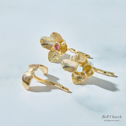 ヘアカフ 3点セット ヘアポニー ポニーフック お花 フラワー ペタル メタル ストーン ミニカフ｜ゴールド (BC-H62)【結婚式　アクセサリー　ヘアアクセサリー　ヘアカフ】