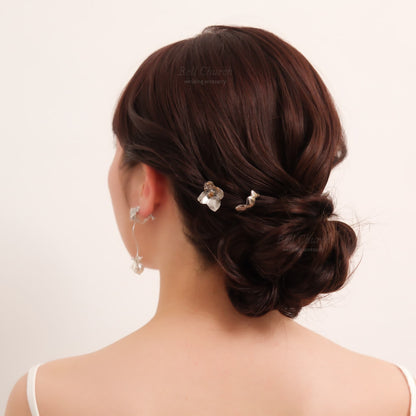 ヘアカフ 3点セット ヘアポニー ポニーフック お花 フラワー ペタル メタル ストーン ミニカフ｜シルバー (BC-H63)【結婚式　アクセサリー　ヘアアクセサリー　ヘアカフ】