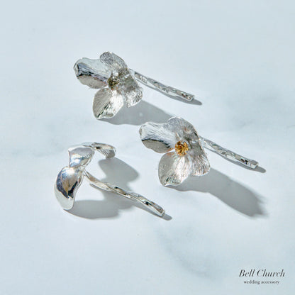 ヘアカフ 3点セット ヘアポニー ポニーフック お花 フラワー ペタル メタル ストーン ミニカフ｜シルバー (BC-H63)【結婚式　アクセサリー　ヘアアクセサリー　ヘアカフ】