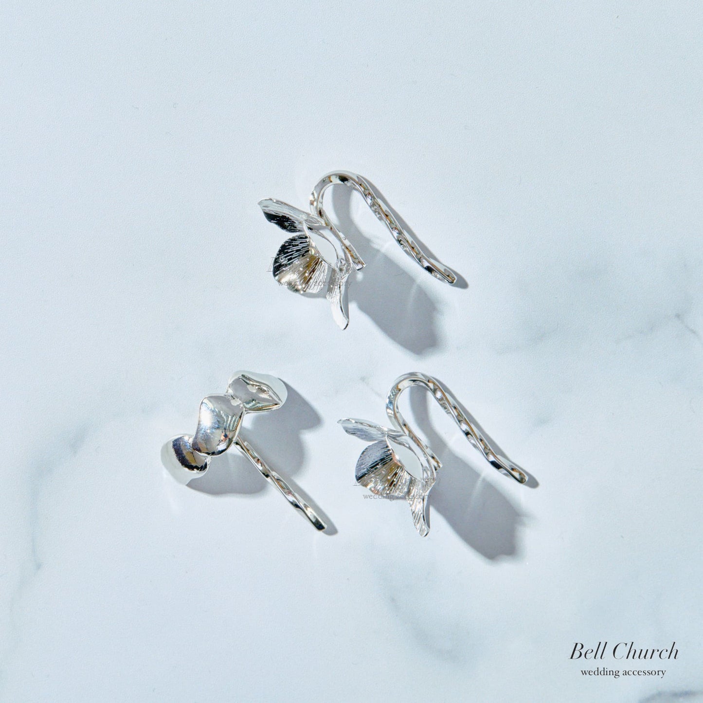 ヘアカフ 3点セット ヘアポニー ポニーフック お花 フラワー ペタル メタル ストーン ミニカフ｜シルバー (BC-H63)【結婚式　アクセサリー　ヘアアクセサリー　ヘアカフ】