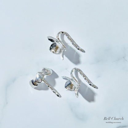 ヘアカフ 3点セット ヘアポニー ポニーフック お花 フラワー ペタル メタル ストーン ミニカフ｜シルバー (BC-H63)【結婚式　アクセサリー　ヘアアクセサリー　ヘアカフ】