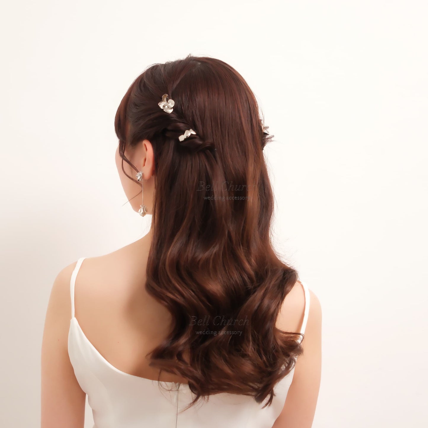 ヘアカフ 3点セット ヘアポニー ポニーフック お花 フラワー ペタル メタル ストーン ミニカフ｜シルバー (BC-H63)【結婚式　アクセサリー　ヘアアクセサリー　ヘアカフ】