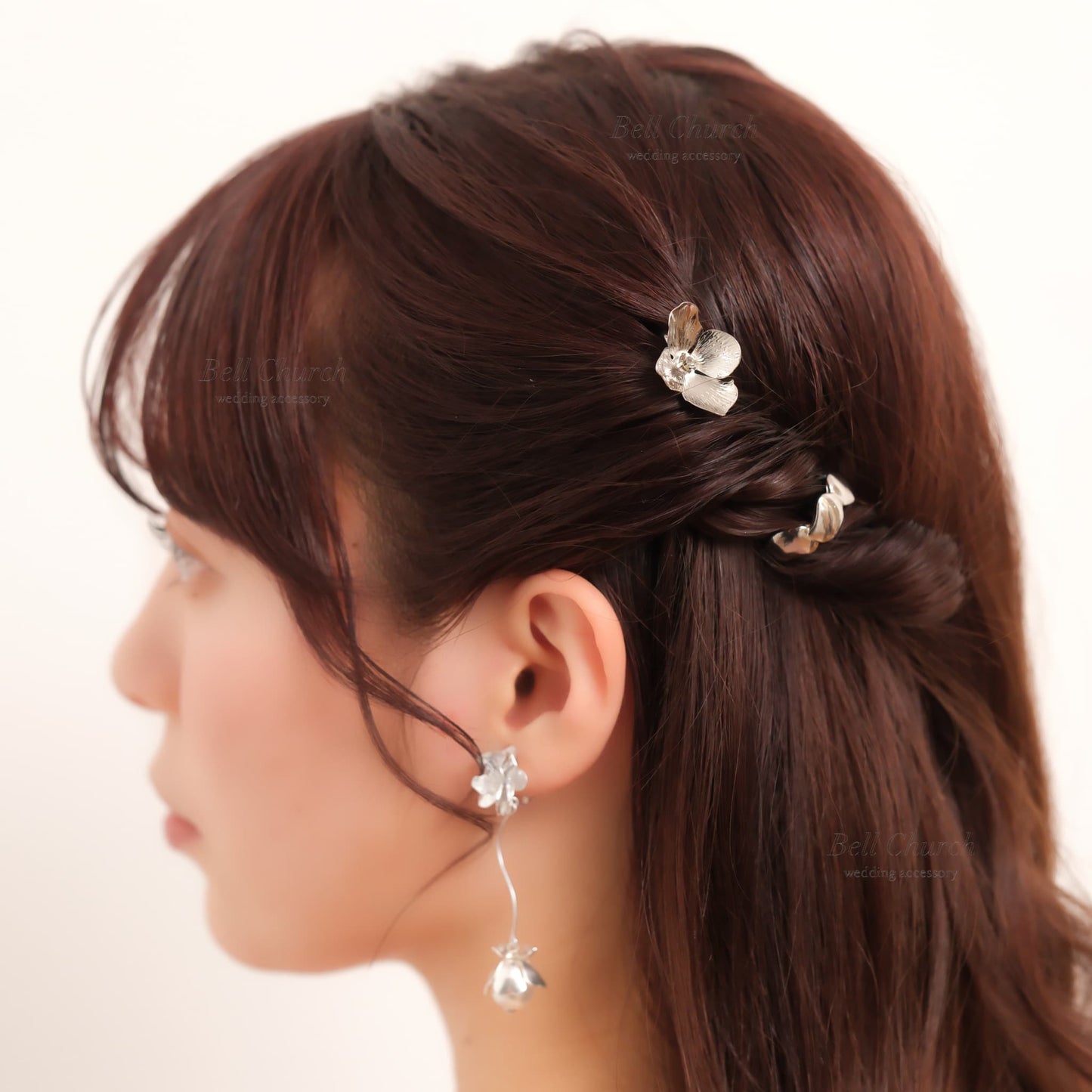 ヘアカフ 3点セット ヘアポニー ポニーフック お花 フラワー ペタル メタル ストーン ミニカフ｜シルバー (BC-H63)【結婚式　アクセサリー　ヘアアクセサリー　ヘアカフ】