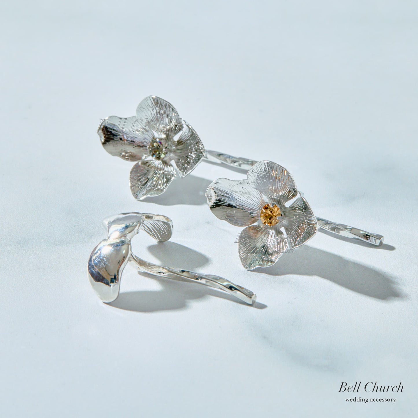 ヘアカフ 3点セット ヘアポニー ポニーフック お花 フラワー ペタル メタル ストーン ミニカフ｜シルバー (BC-H63)【結婚式　アクセサリー　ヘアアクセサリー　ヘアカフ】
