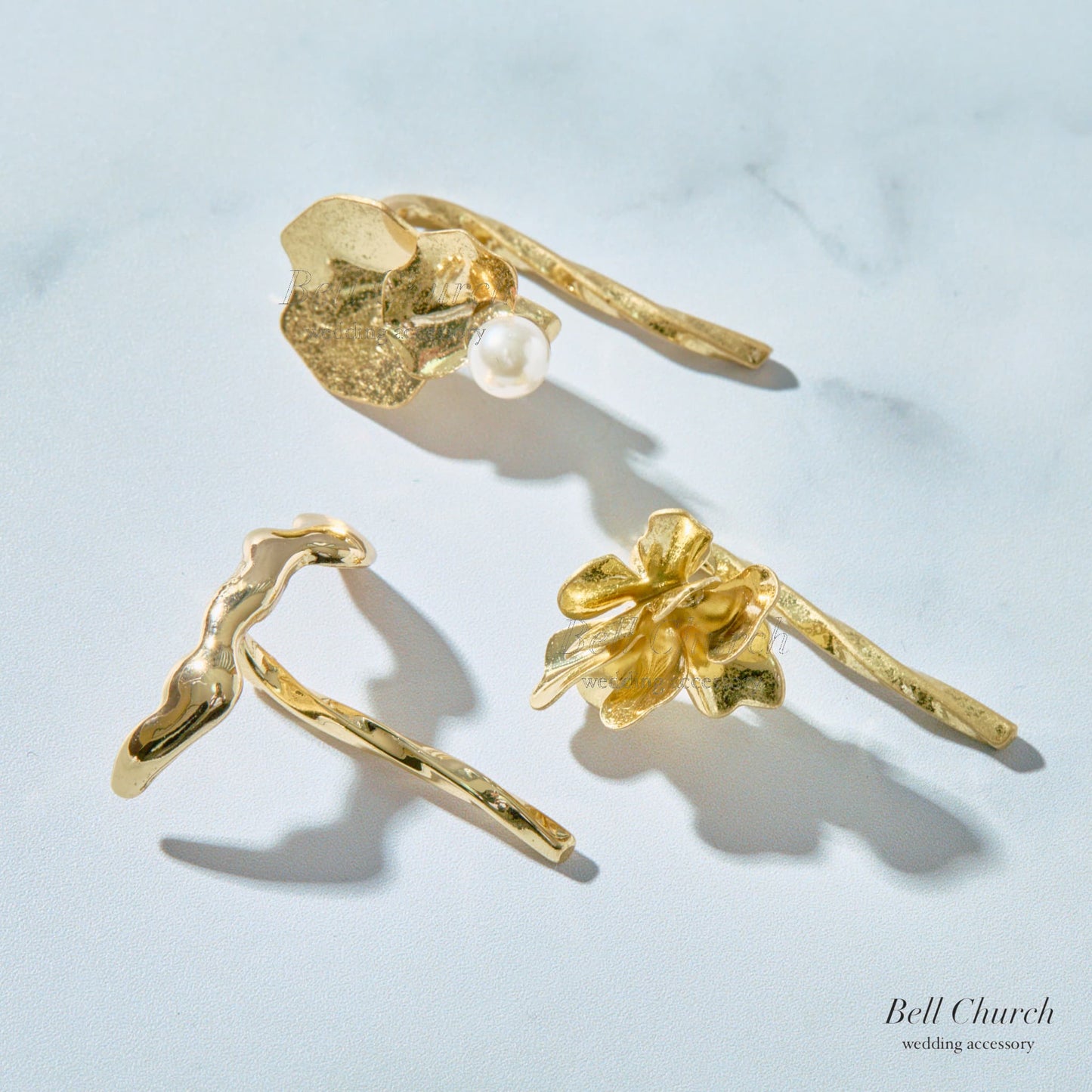 ヘアカフ 3点セット ヘアポニー ポニーフック パール お花 フラワー ペタル メタル ストーン ミニカフ｜ゴールド (BC-H64)【結婚式　アクセサリー　ヘアアクセサリー　ヘアカフ】