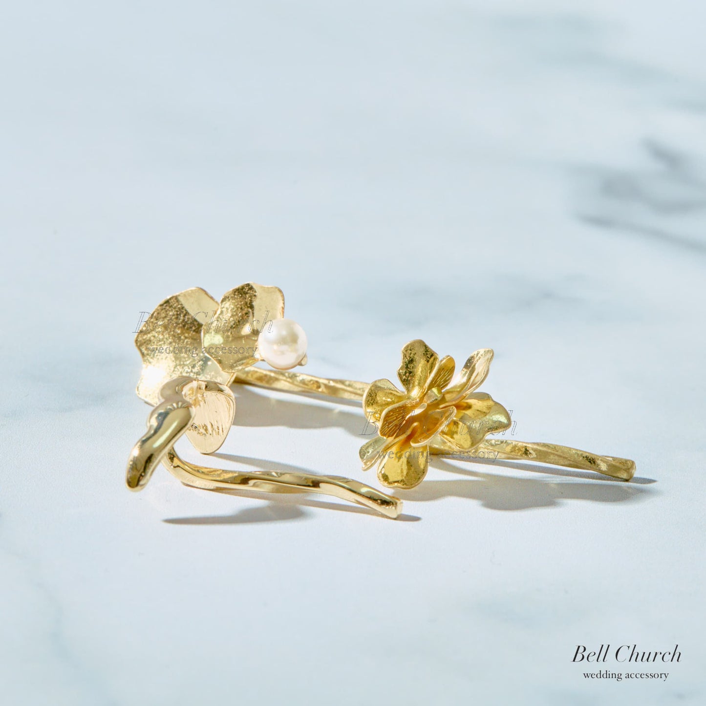 ヘアカフ 3点セット ヘアポニー ポニーフック パール お花 フラワー ペタル メタル ストーン ミニカフ｜ゴールド (BC-H64)【結婚式　アクセサリー　ヘアアクセサリー　ヘアカフ】