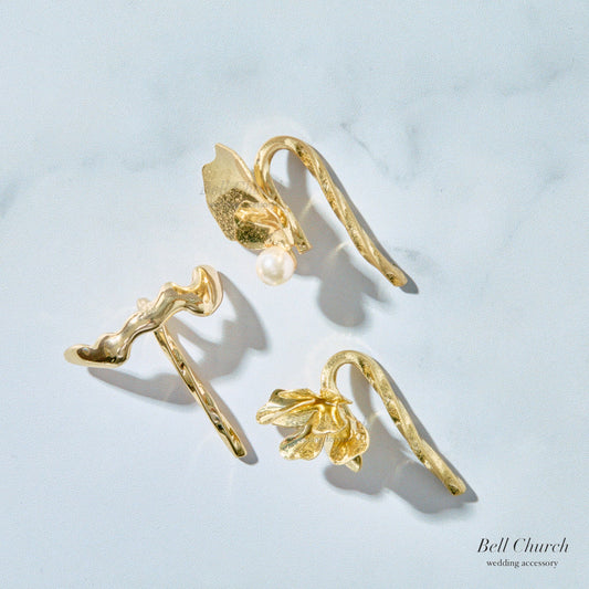 ヘアカフ 3点セット ヘアポニー ポニーフック パール お花 フラワー ペタル メタル ストーン ミニカフ｜ゴールド (BC-H64)【結婚式　アクセサリー　ヘアアクセサリー　ヘアカフ】