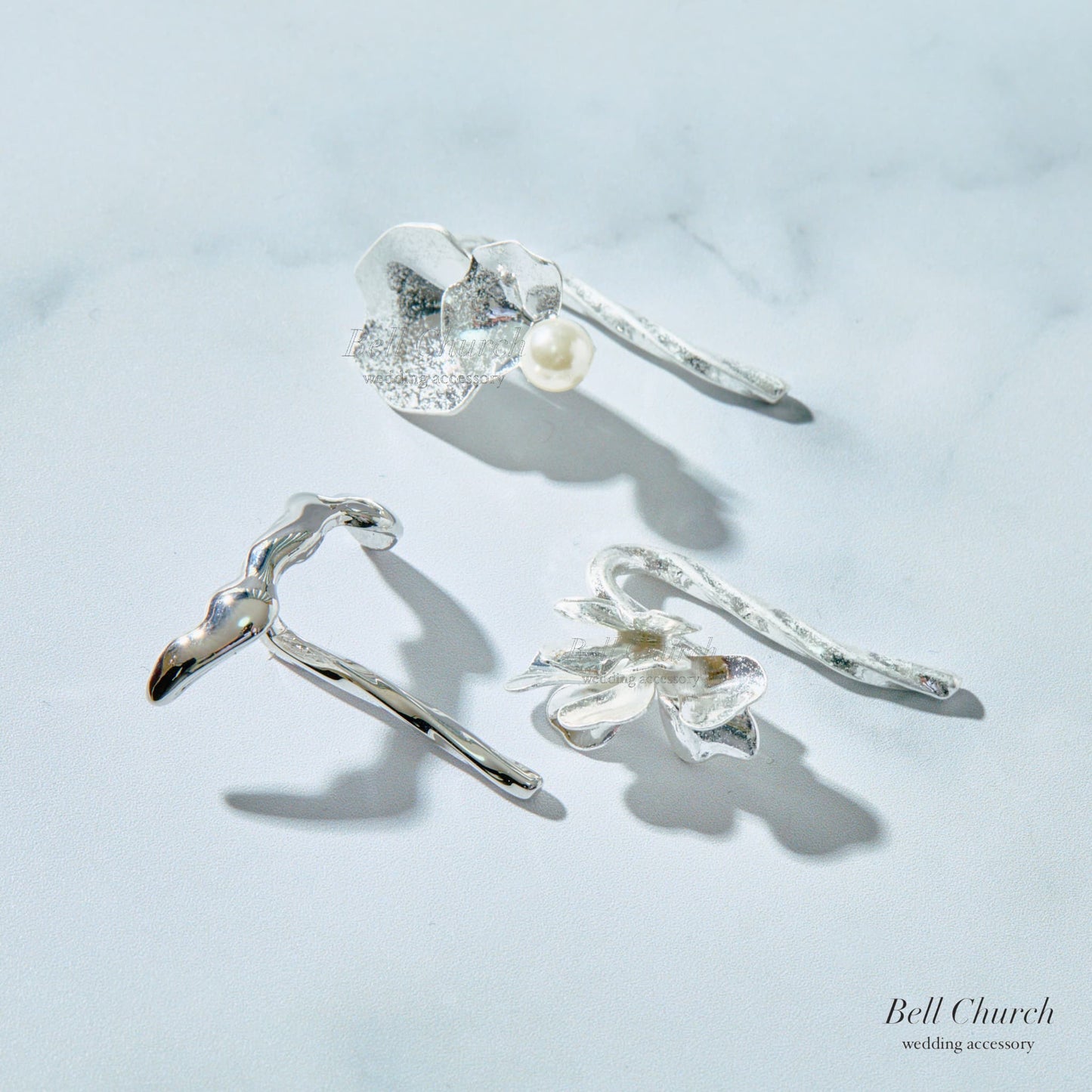 ヘアカフ 3点セット ヘアポニー ポニーフック パール お花 フラワー ペタル メタル ストーン ミニカフ｜シルバー (BC-H65)【結婚式　アクセサリー　ヘアアクセサリー　ヘアカフ】