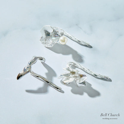 ヘアカフ 3点セット ヘアポニー ポニーフック パール お花 フラワー ペタル メタル ストーン ミニカフ｜シルバー (BC-H65)【結婚式　アクセサリー　ヘアアクセサリー　ヘアカフ】