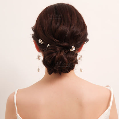 ヘアカフ 3点セット ヘアポニー ポニーフック パール お花 フラワー ペタル メタル ストーン ミニカフ｜シルバー (BC-H65)【結婚式　アクセサリー　ヘアアクセサリー　ヘアカフ】