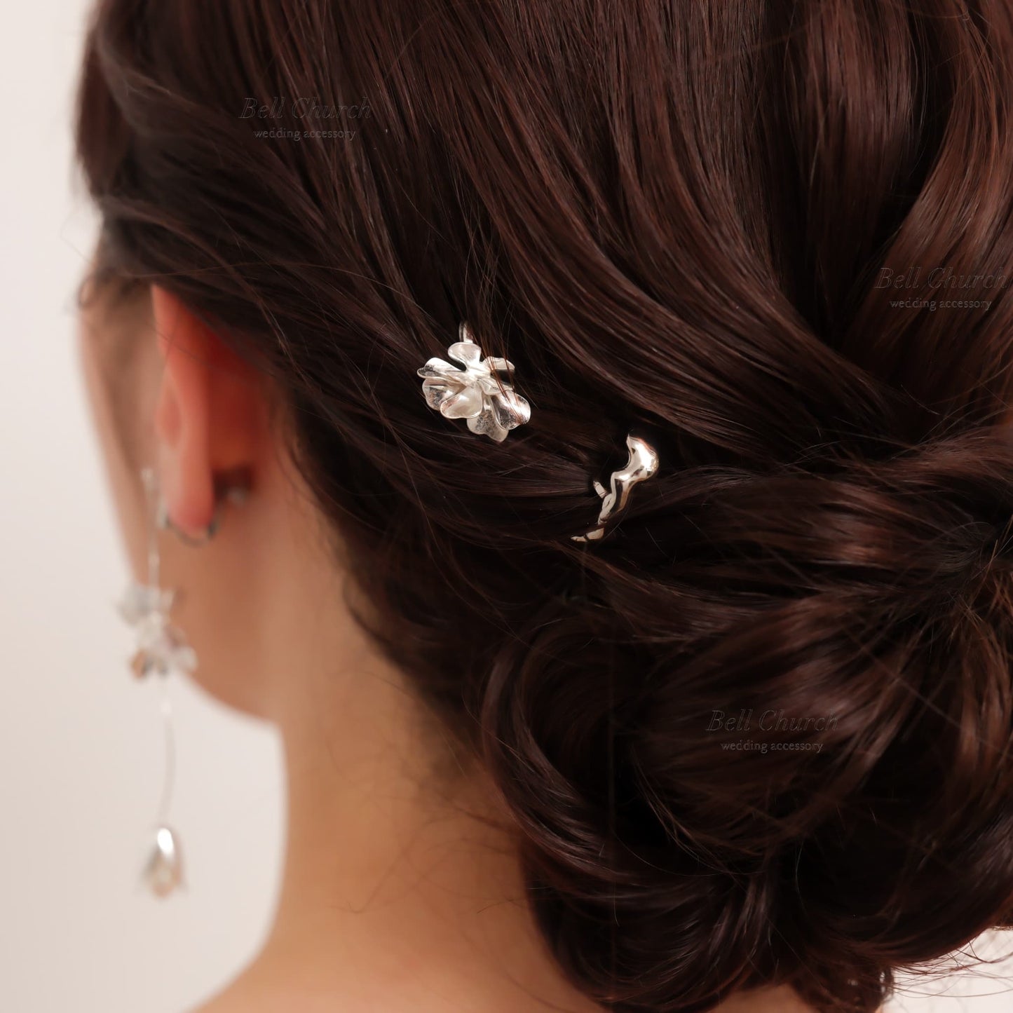 ヘアカフ 3点セット ヘアポニー ポニーフック パール お花 フラワー ペタル メタル ストーン ミニカフ｜シルバー (BC-H65)【結婚式　アクセサリー　ヘアアクセサリー　ヘアカフ】